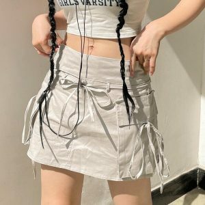 Grunge Style Clothing: Drawstring Cargo Mini Skirt for Aesthetic Outfits