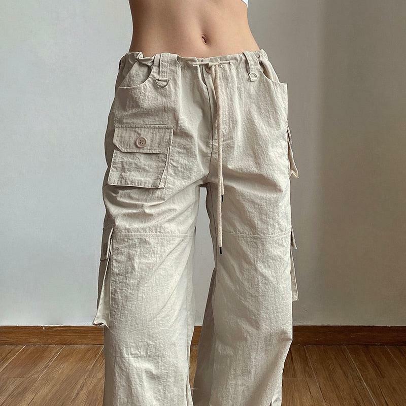 Grunge Style Clothing: Drawstring Low Rise Cargo Pants for Aesthetic Outfits