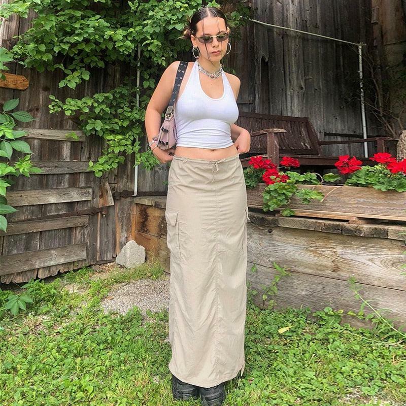 Grunge Style Clothing: Drawstring Parachute Maxi Skirt for Aesthetic Outfits