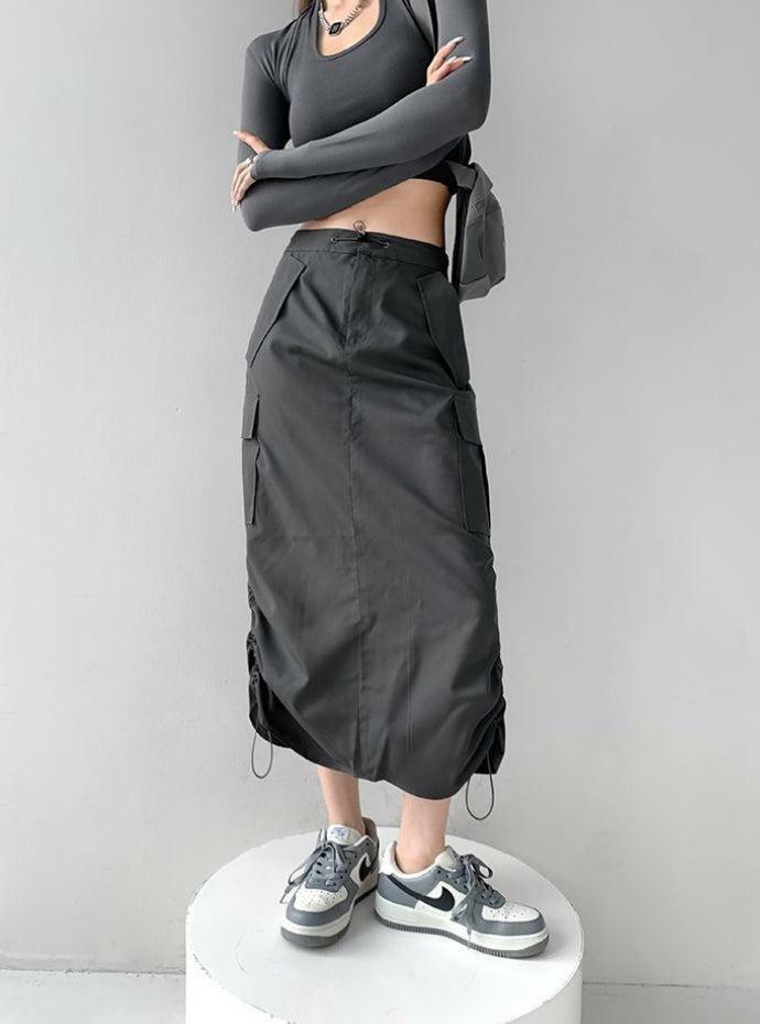 Grunge Style Clothing: Drawstring Parachute Midi Skirt for Aesthetic Outfits