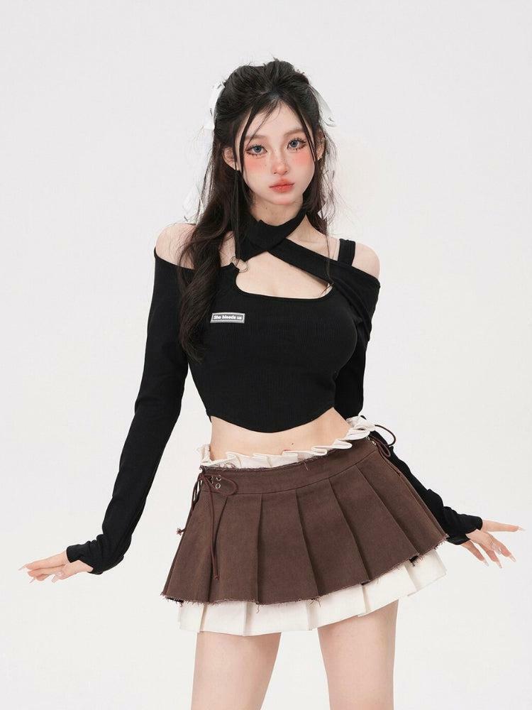 Grunge Style Clothing: Drawstring Pleated Mini Skirt for Aesthetic Outfits