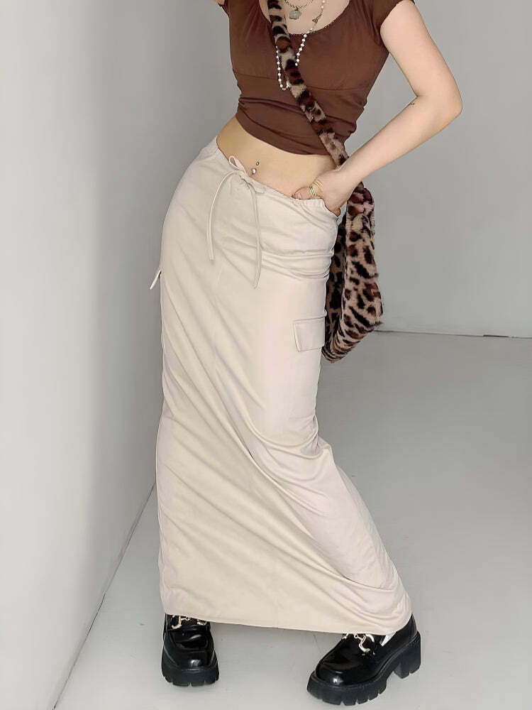 Grunge Style Clothing: Drawstring Waist Parachute Maxi Skirt for Aesthetic Outfits