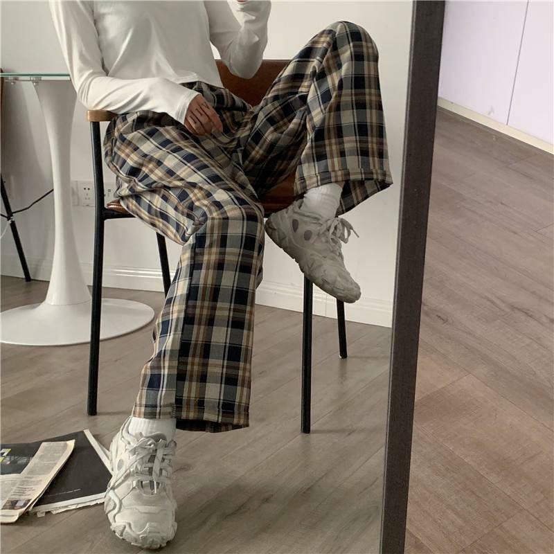 Grunge Style Clothing: Elasticated Waist Checkered Sweatpants for Aesthetic Outfits