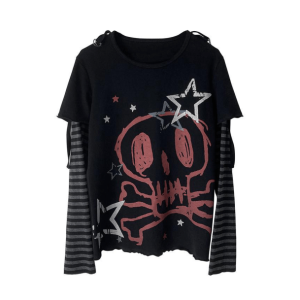 Grunge Style Clothing: Emo Skull Long Sleeve Tee for Aesthetic Outfits