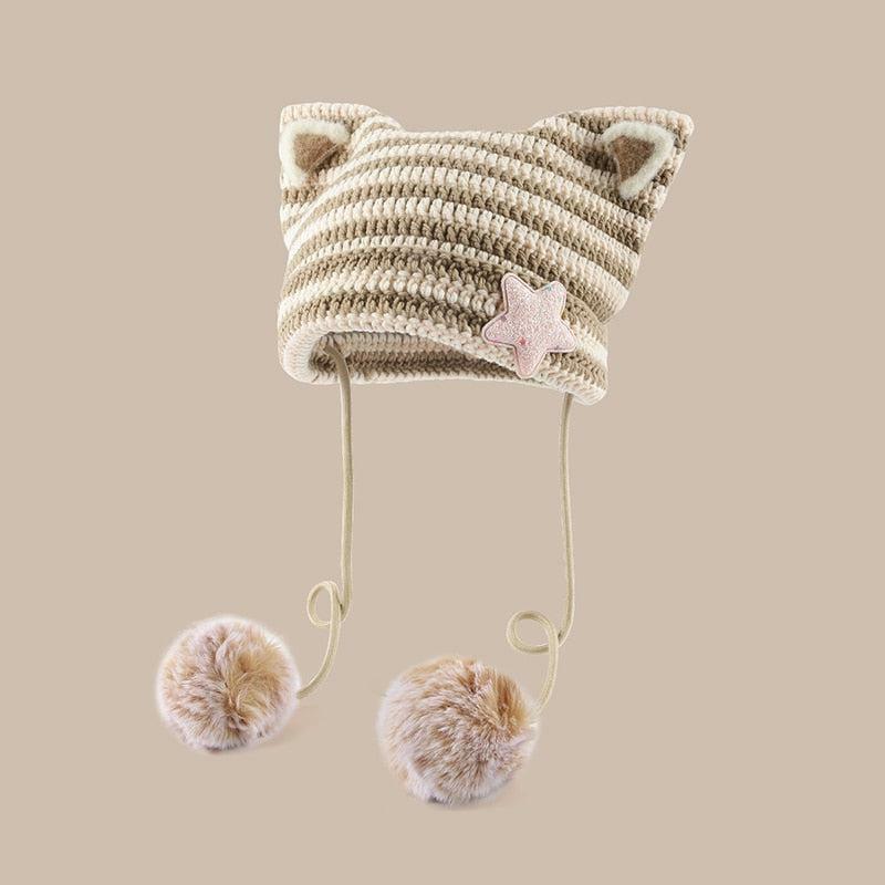 Grunge Style Clothing: Kawaii Cat Ear Pom-Pom Beanie for Aesthetic Outfits