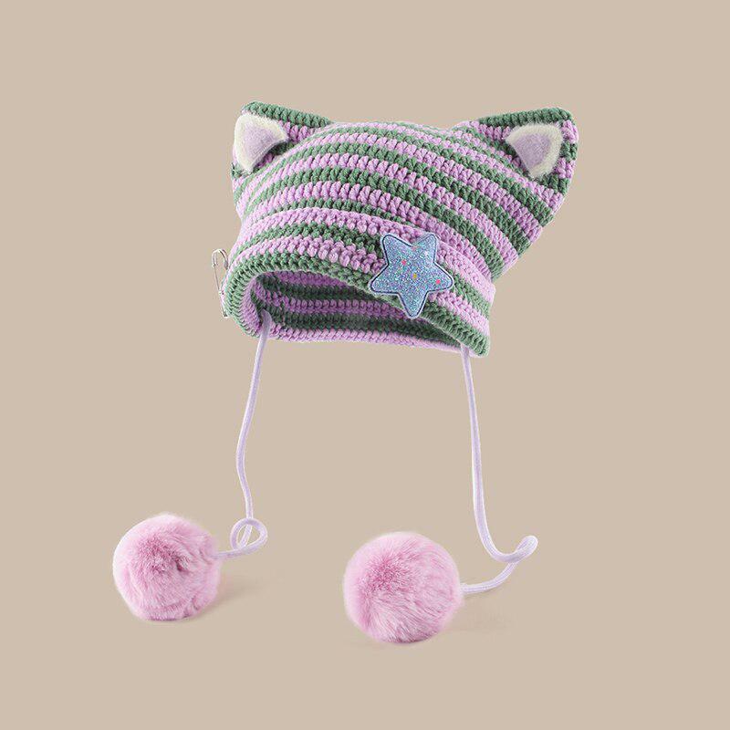 Grunge Style Clothing: Kawaii Cat Ear Pom-Pom Beanie for Aesthetic Outfits