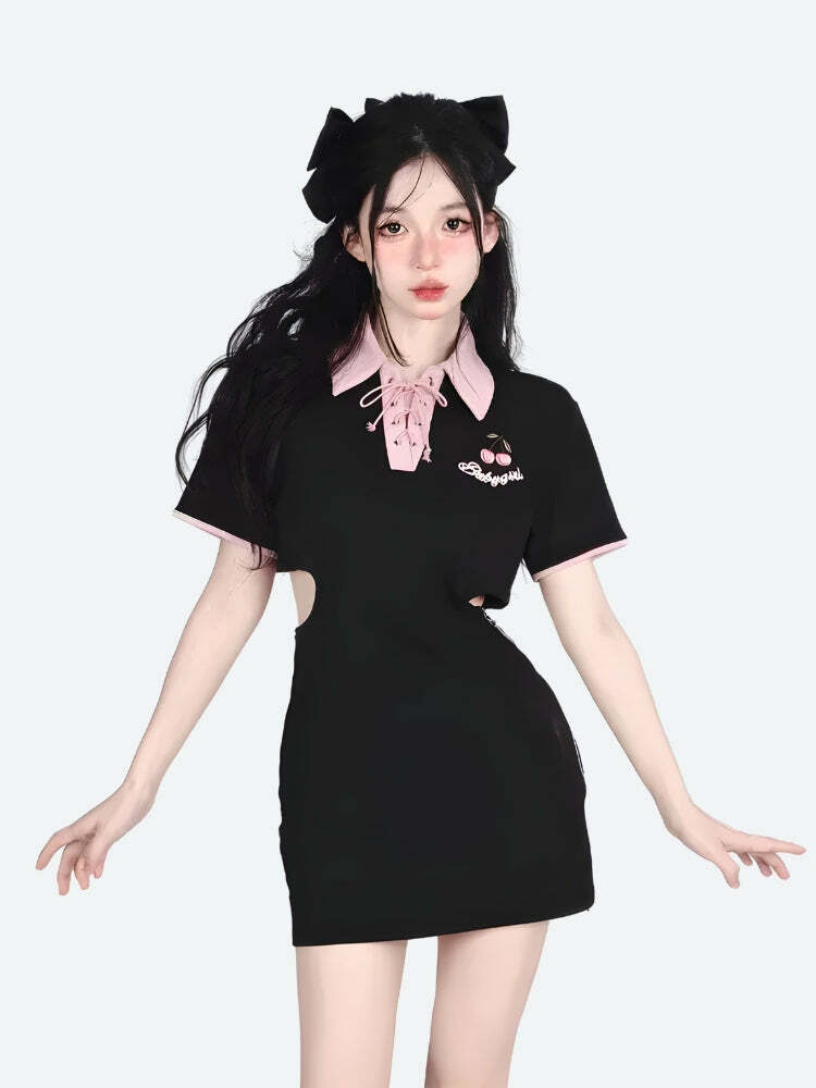 Grunge Style Clothing: Kawaii Cherry Cut Out Mini Polo Dress for Aesthetic Outfits