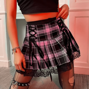 Grunge Style Clothing: Lace Up Plaid Skirt for Aesthetic Outfits