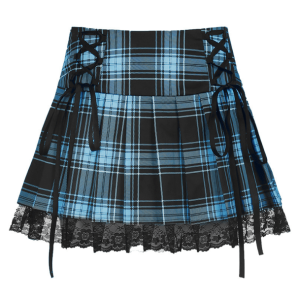 Grunge Style Clothing: Lace Up Plaid Skirt for Aesthetic Outfits