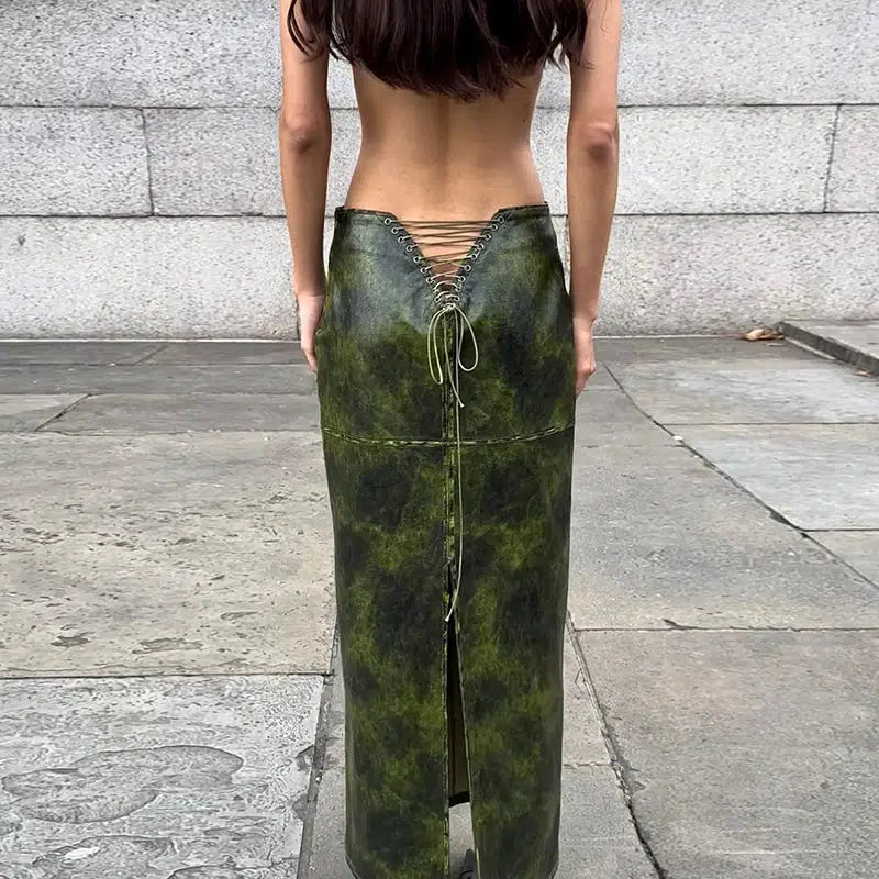 Grunge Style Clothing: Lace-Up Split Maxi Skirt for Aesthetic Outfits