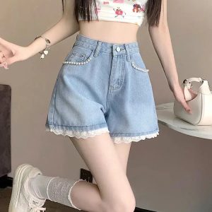 Grunge Style Clothing: Lace Wide Leg Denim Shorts for Aesthetic Outfits