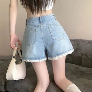 Grunge Style Clothing: Lace Wide Leg Denim Shorts for Aesthetic Outfits