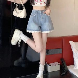 Grunge Style Clothing: Lace Wide Leg Denim Shorts for Aesthetic Outfits