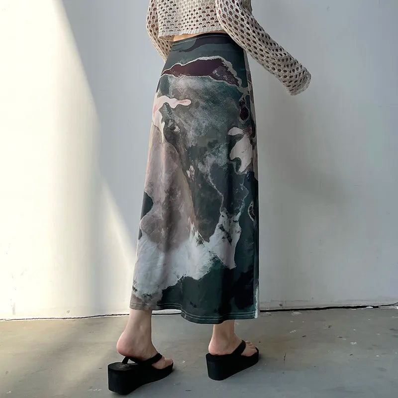 Grunge Style Clothing: Low Rise Graphic Printed Midi Skirt for Aesthetic Outfits