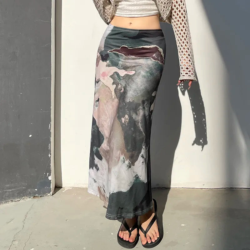 Grunge Style Clothing: Low Rise Graphic Printed Midi Skirt for Aesthetic Outfits