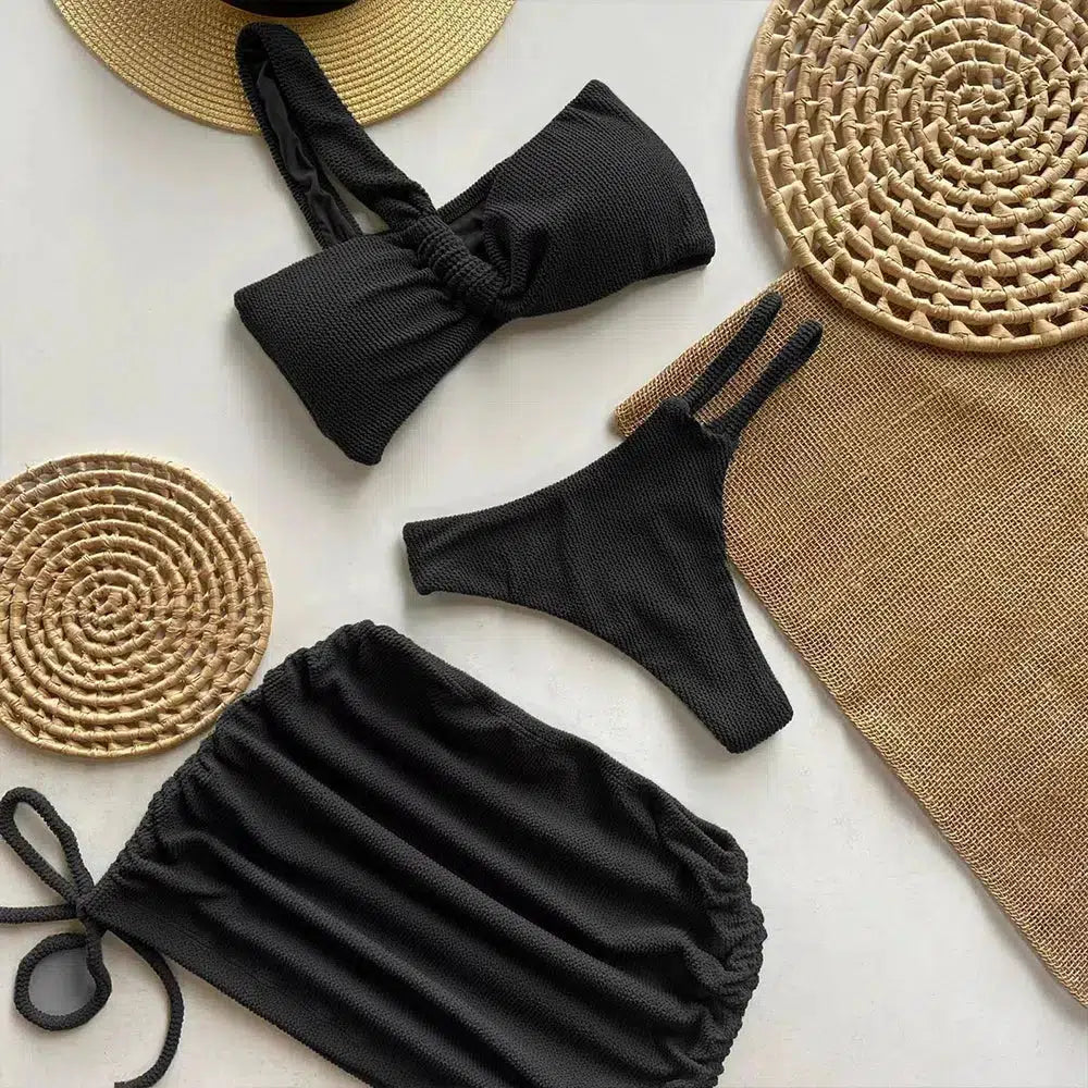 Grunge Style Clothing: One Shoulder Cut Out Three Piece Bikini Set