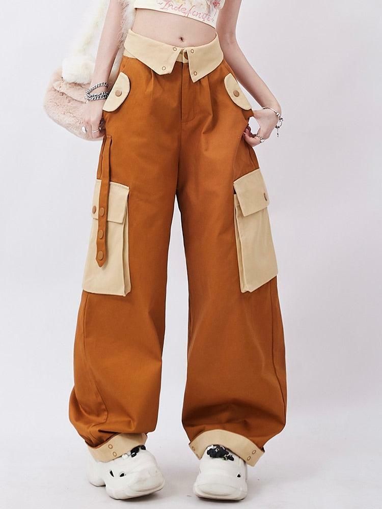 Grunge Style Clothing: Orange Wide Leg Cargo Pants for Aesthetic Outfits