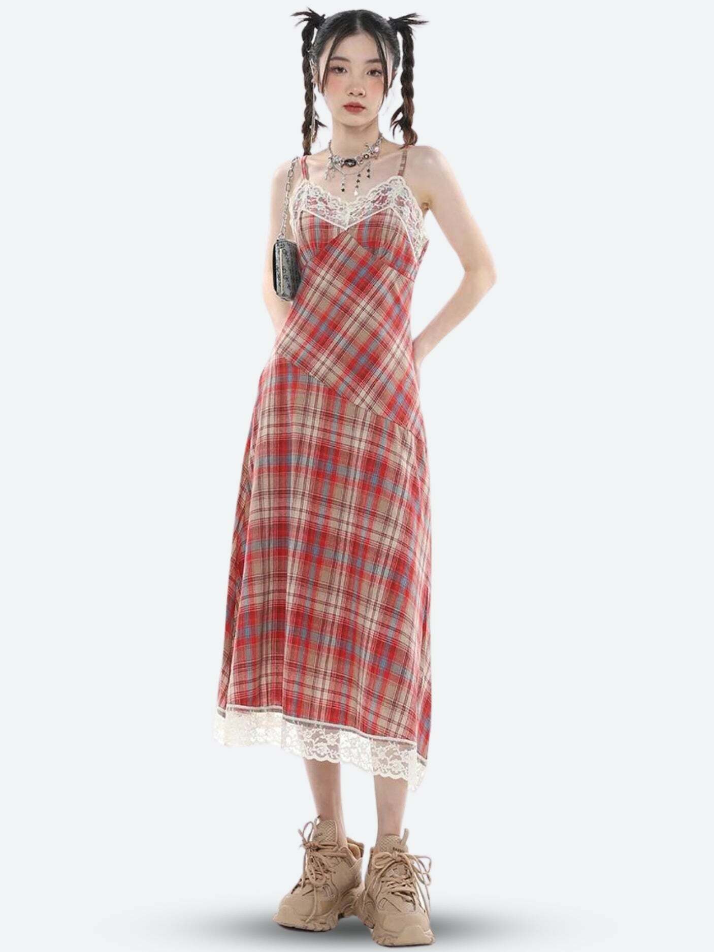 Grunge Style Clothing: Plaid Lace Midi Dress for Aesthetic Outfits