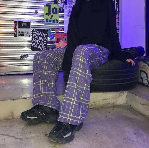 Grunge Style Clothing: Purple Checkerboard Pants for Aesthetic Outfits