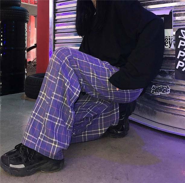 Grunge Style Clothing: Purple Checkerboard Pants for Aesthetic Outfits