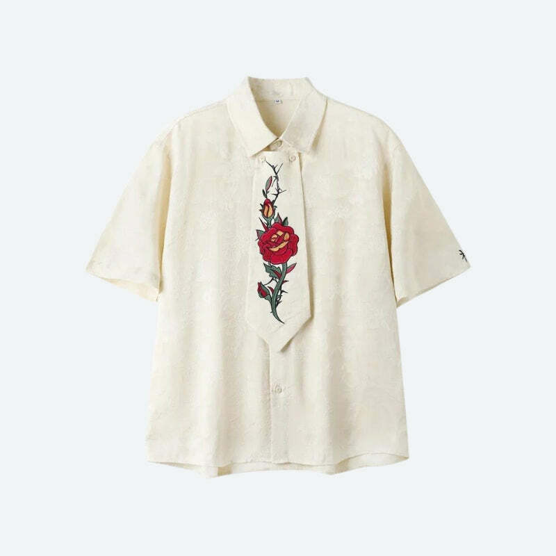 Grunge Style Clothing: Rose Embroidery Tie Shirt for Aesthetic Outfits