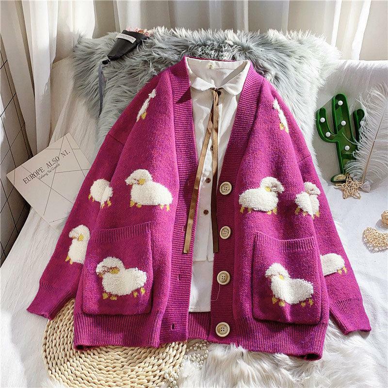 Grunge Style Clothing: Sheep Embroidery Knitted Cardigan for Aesthetic Outfits