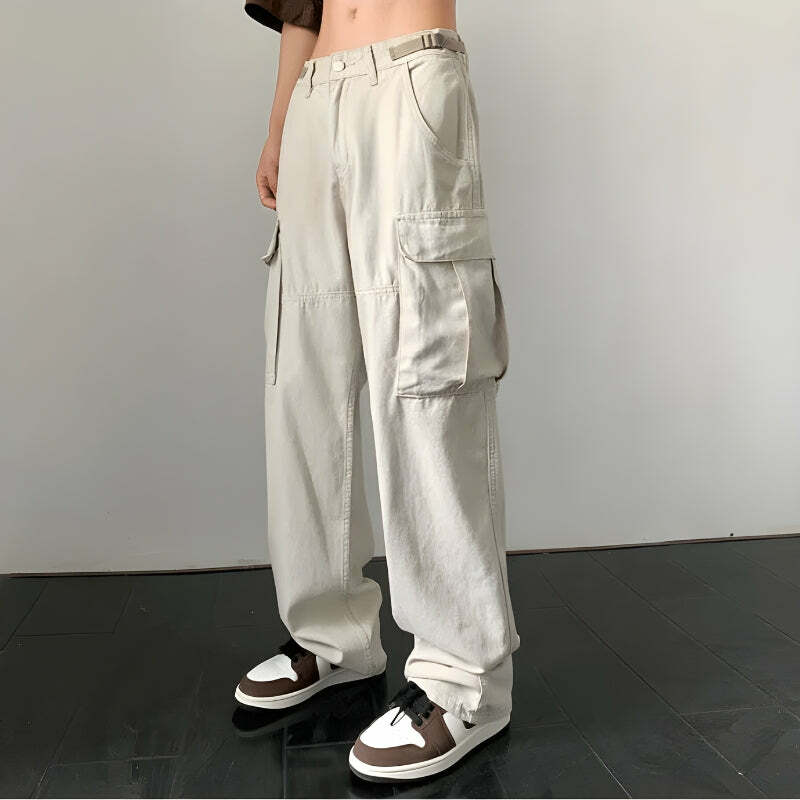 Grunge Style Clothing: Side Belt Detailed Baggy Cargo Pants for Aesthetic Outfits