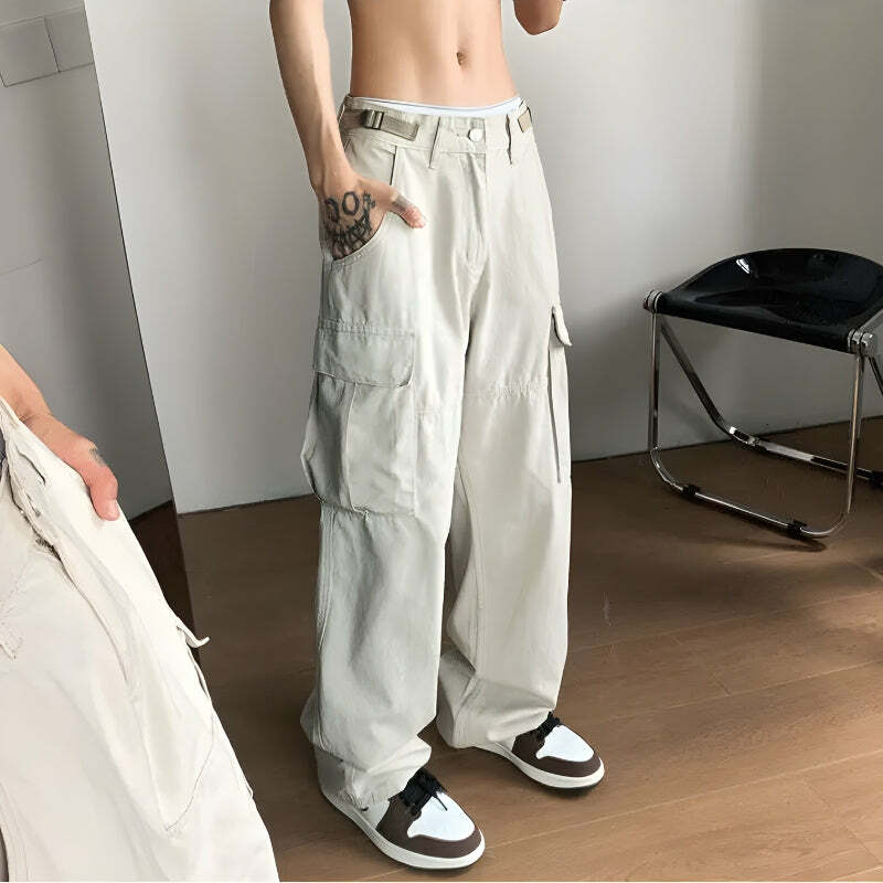 Grunge Style Clothing: Side Belt Detailed Baggy Cargo Pants for Aesthetic Outfits