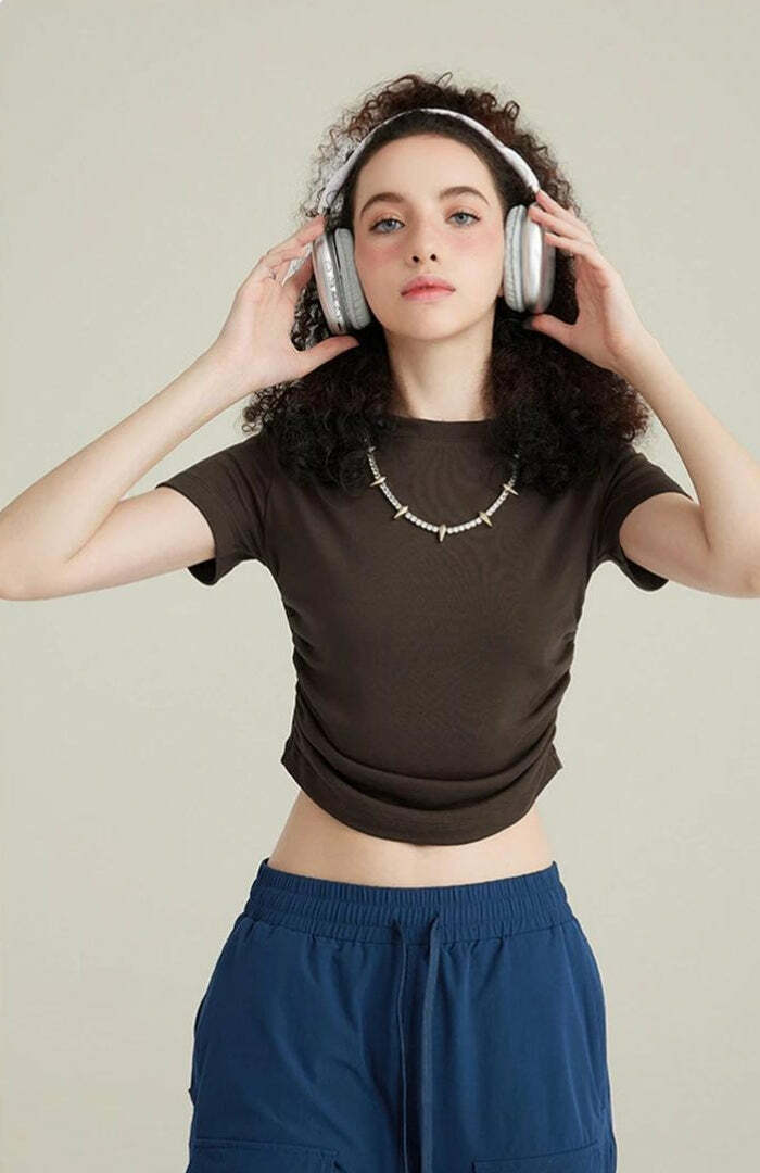 Grunge Style Clothing: Side Ruched Crop Top for Aesthetic Outfits