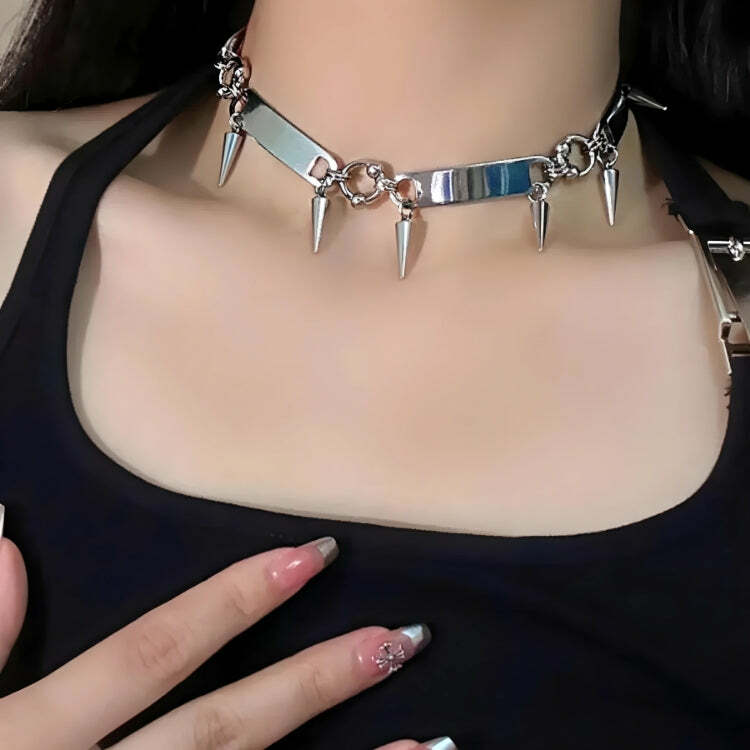 Grunge Style Clothing: Spiked Metal Choker for Gothic Aesthetic Outfits