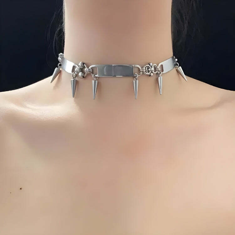 Grunge Style Clothing: Spiked Metal Choker for Gothic Aesthetic Outfits