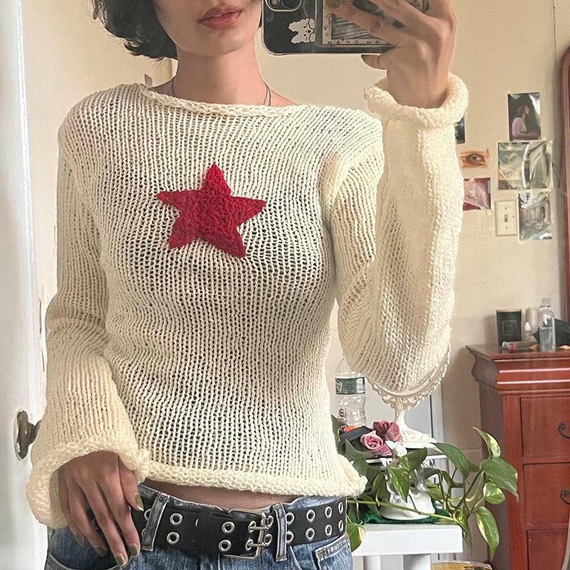 Grunge Style Clothing: Star Embroidery Cropped Sweater Vest Top