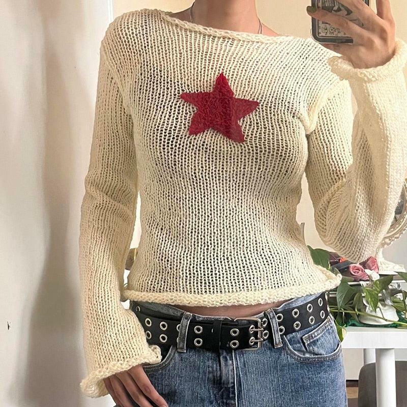 Grunge Style Clothing: Star Embroidery Cropped Sweater Vest Top