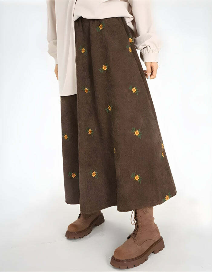 Grunge Style Clothing: Sunflower Embroidered Corduroy Maxi Skirt