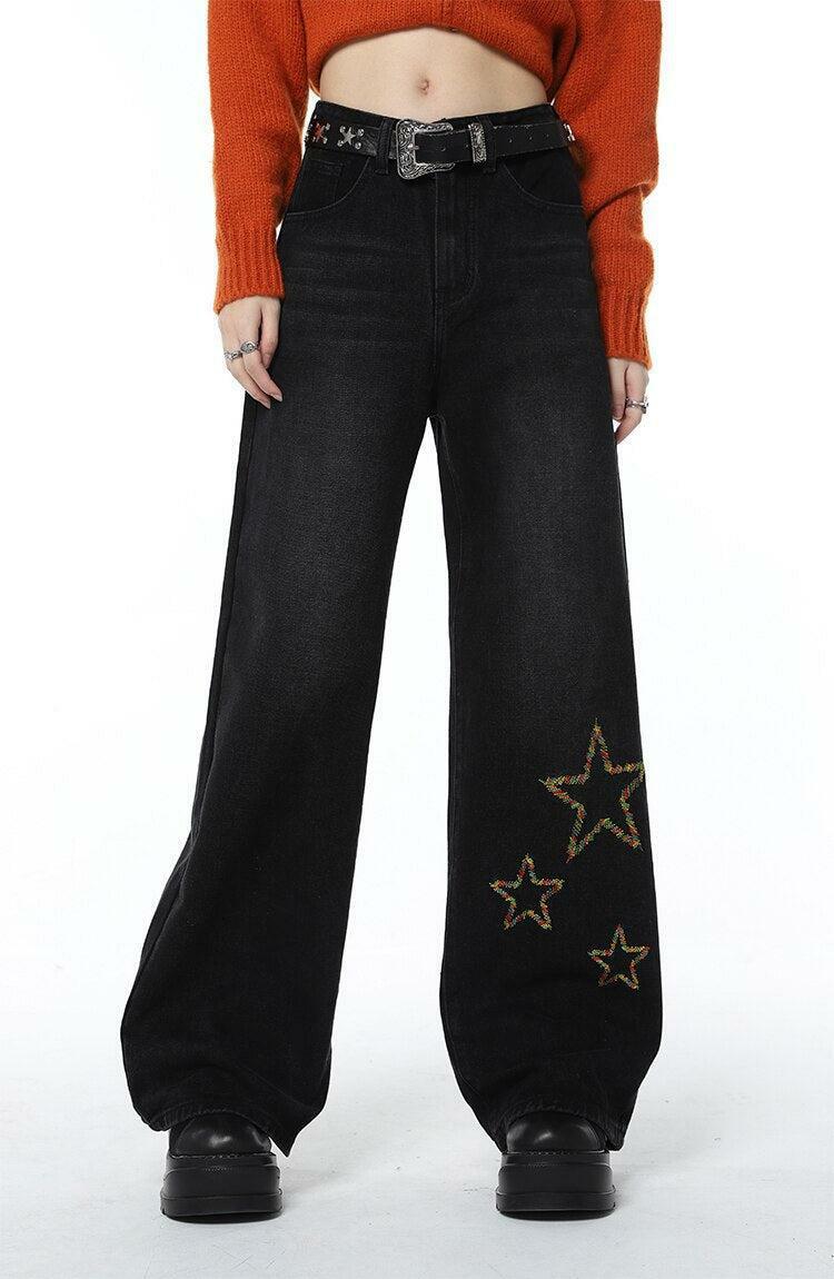 Grunge Style Clothing: Tinsel Stars Wide Leg Jeans for Aesthetic Outfits