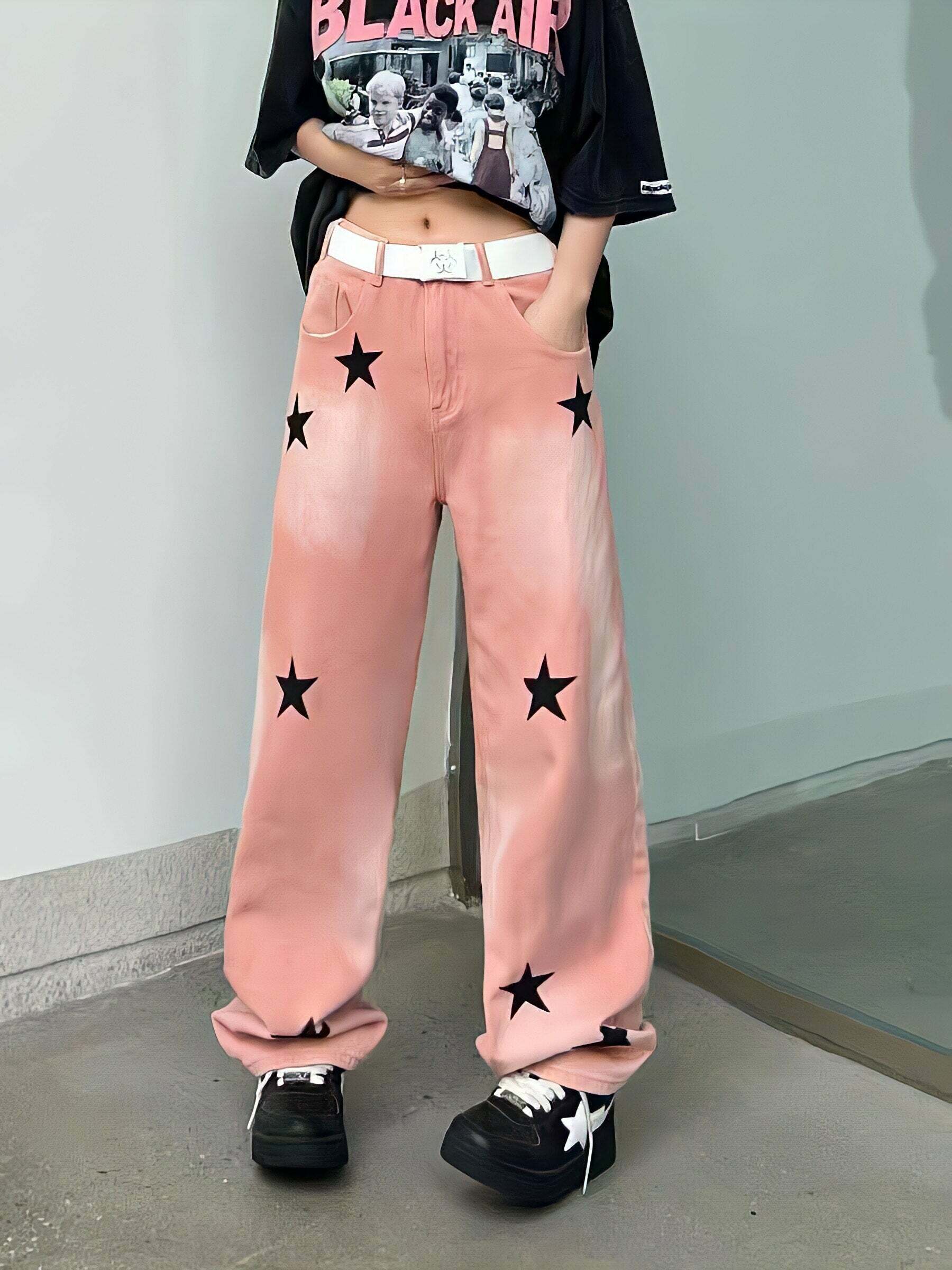 Grunge Style Clothing: Y2K Star Printed Denim Pants & Jacket Set