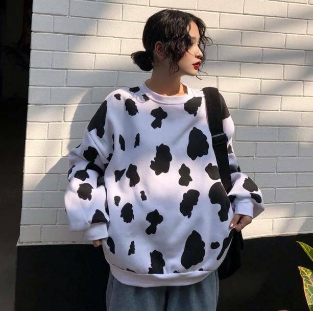 Grunge Style Cow Print Loose Sweatshirt - Aesthetic Soft Girl Top