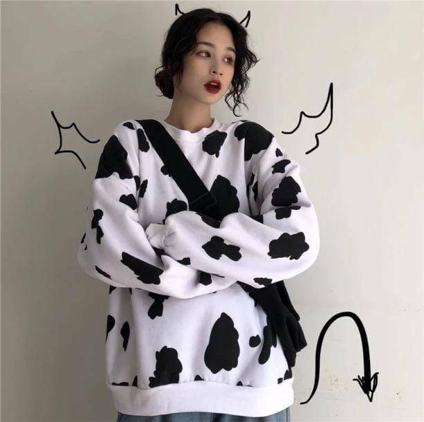 Grunge Style Cow Print Loose Sweatshirt - Aesthetic Soft Girl Top