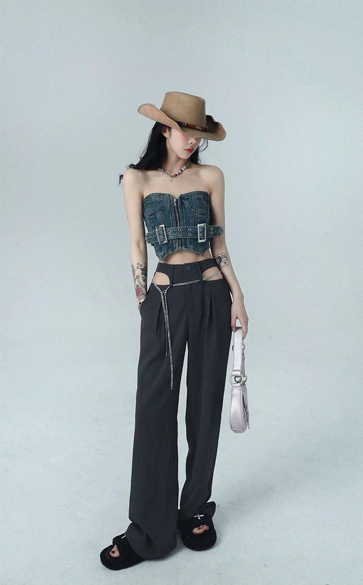 Grunge Style Cropped Denim Tube Top with Cowgirl Aesthetic Vibes