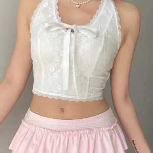 Grunge Style Cropped Sweater Vest - Aesthetic Coquette Bow Top