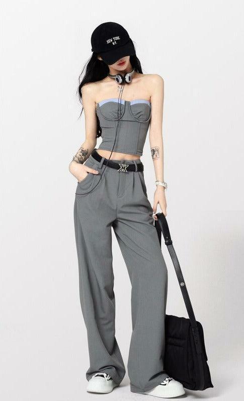 Grunge Style Cropped Sweater Vest & Wide Leg Pants Aesthetic Set