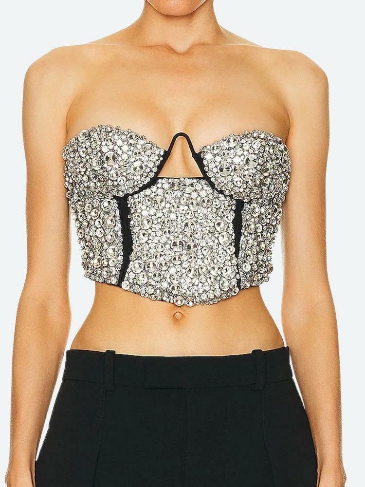 Grunge Style Cropped Sweater Vest with Backless Design and Rhinestones