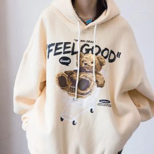 Grunge Style Cropped Teddy Bear Hoodie - Aesthetic Soft Girl Fashion