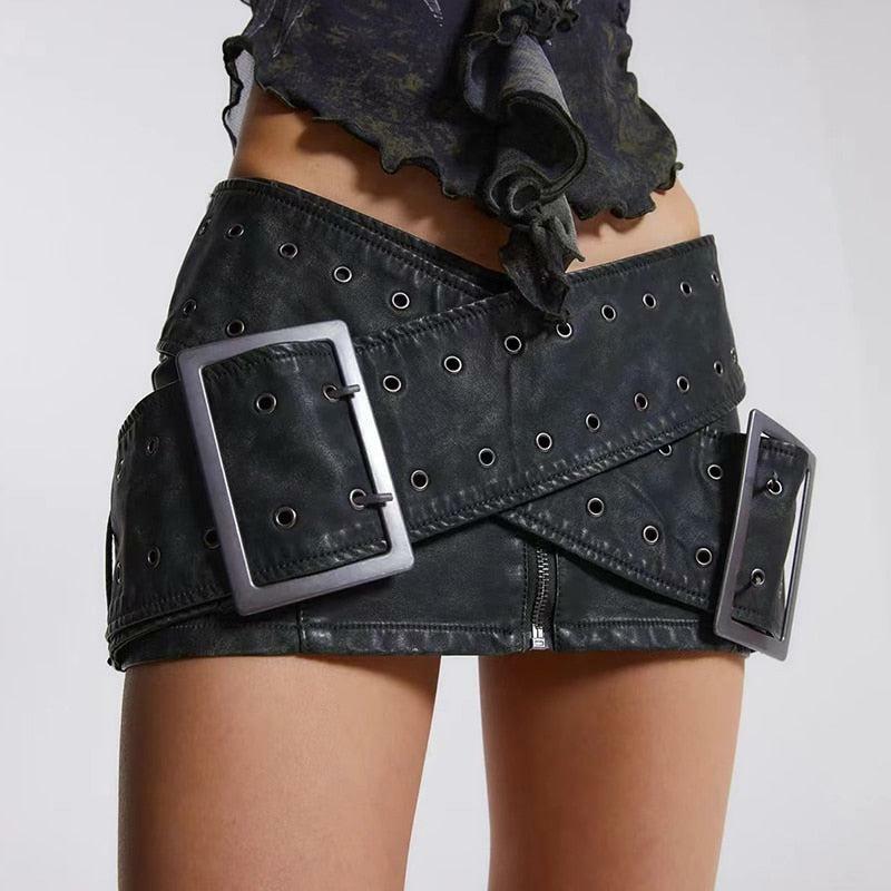 Grunge Style Cross Belt Faux Leather Mini Skirt for Aesthetic Outfits