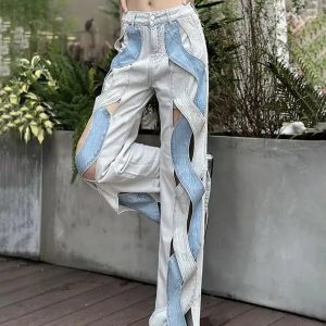 Grunge Style Cut Out Patch Denim Jeans - Aesthetic Soft Girl Outfit