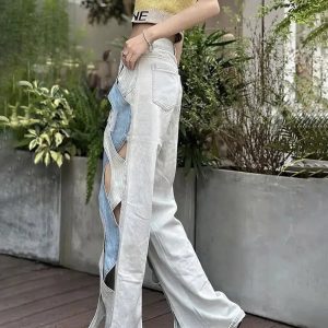 Grunge Style Cut Out Patch Denim Jeans - Aesthetic Soft Girl Outfit