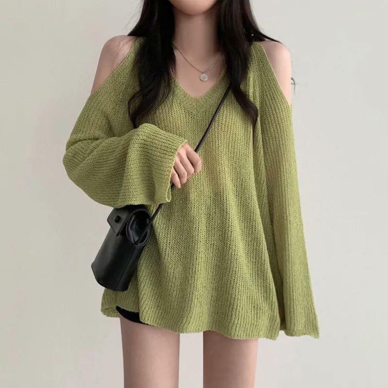 Grunge Style Cut-Out Shoulder Loose Knit Sweater Vest for Aesthetic Outfits