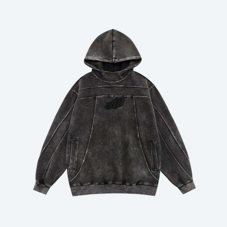 Grunge Style Dark Wash Embroidered Hoodie - Aesthetic Streetwear Essential