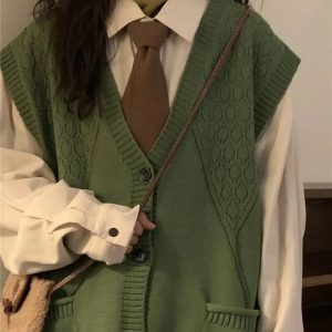 Grunge Style Deep V-Neck Sleeveless Cardigan for Aesthetic Outfits