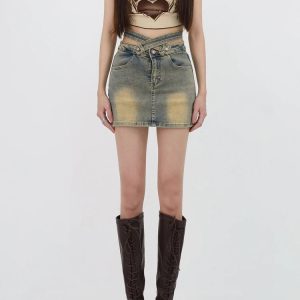 Grunge Style Denim Cross Belt Mini Skort for Aesthetic Outfits